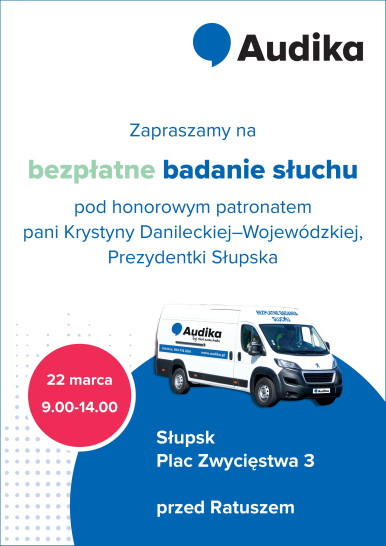 Na zdjęciu widzimy plakat z zapowiedzią bezpłatnych badań - tekst jak w artykule - grafika samochód z napisem m.in. AUDIKA